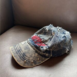 Distressed Denim Cap with Red Embroidery